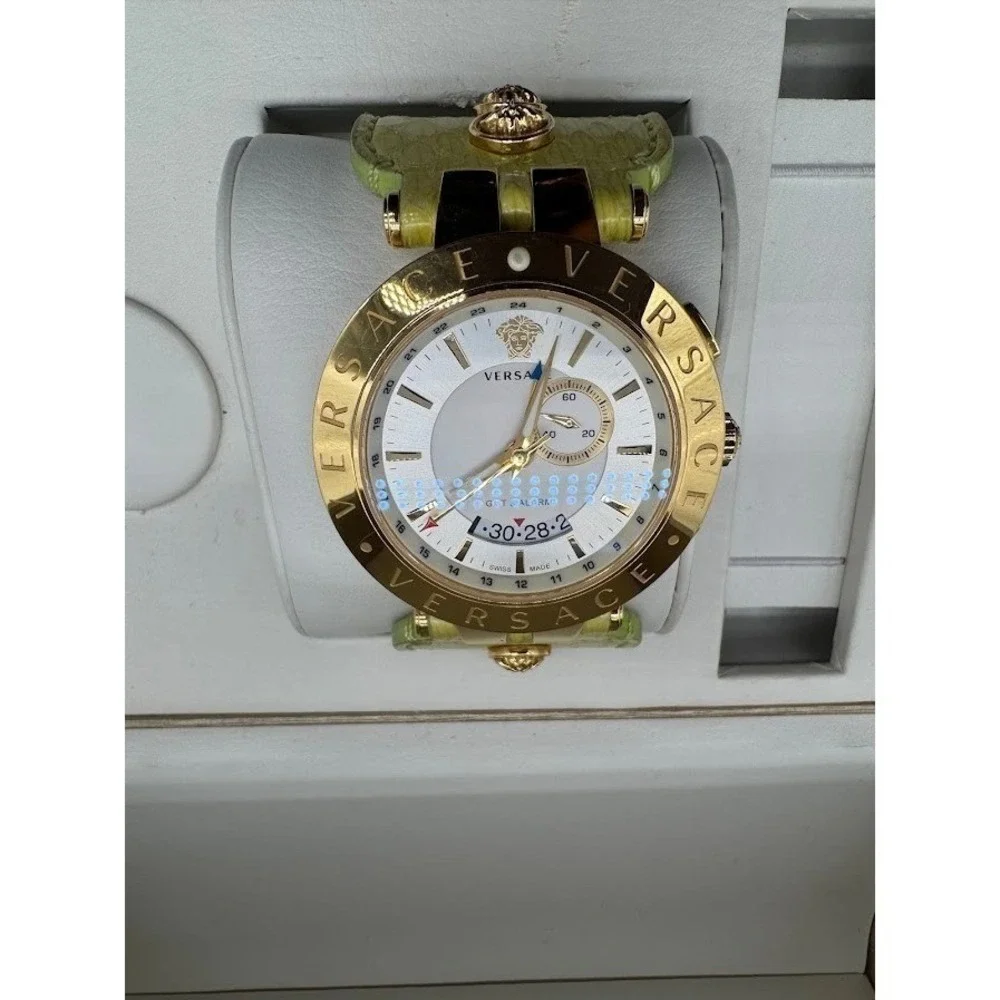 Versace GMT & Alarm Gold Tone Watch Lime Green Leather Strap Medusa Swiss Made
